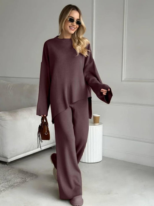 Women’s 2 Piece Premium Soft Knit Set Long Sleeve Top & Wide Leg Pants Cozy Old Money Loungewear Work From Home Outfit C