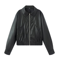 Felicity Leather Jacket with Elastic Waist and Pockets in Black
