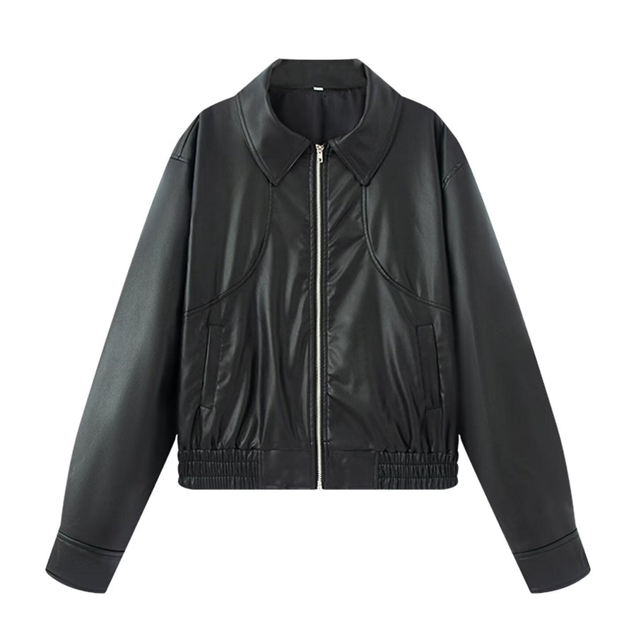 Felicity Leather Jacket with Elastic Waist and Pockets in Black