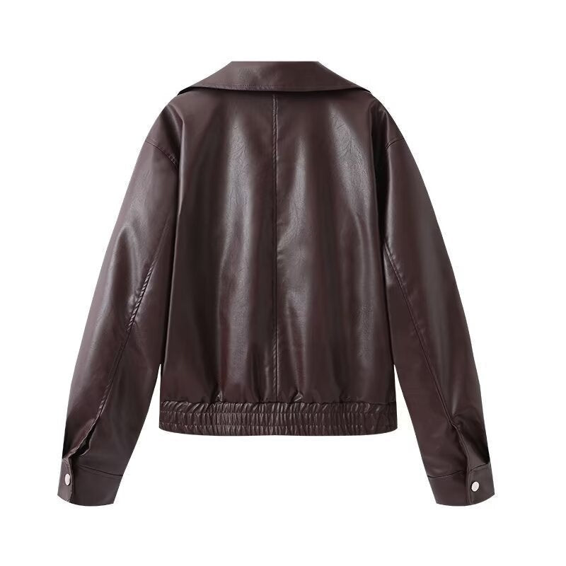 Felicity Leather Jacket with Elastic Waist and Pockets in Wine Red