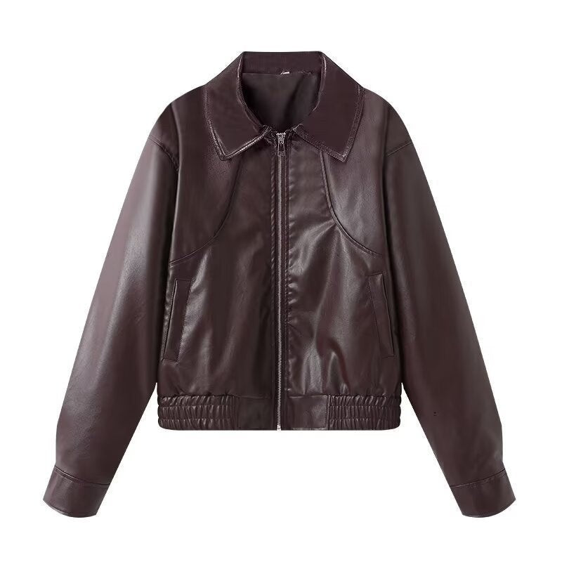 Felicity Leather Jacket with Elastic Waist and Pockets in Wine Red