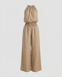 Felicity Lightweight Linen Jumpsuit with Elastic Waist and Wide Leg in Khaki