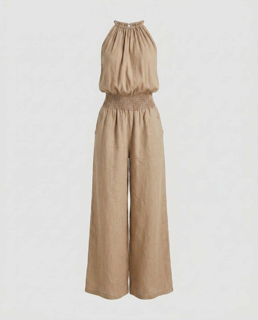Felicity Lightweight Linen Jumpsuit with Elastic Waist and Wide Leg in Khaki