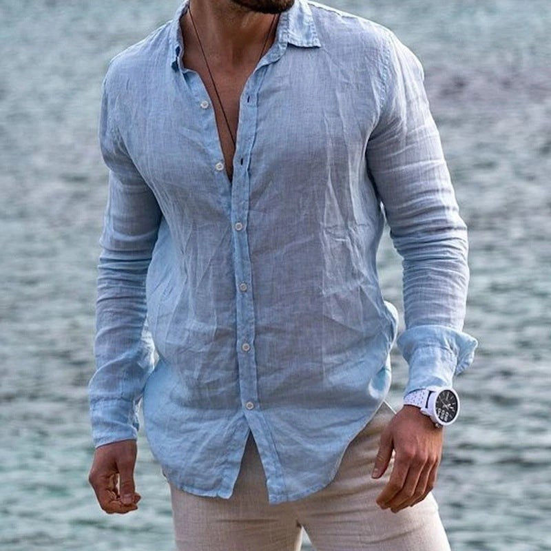 Felix Casual Linen Shirt with Stand Collar and Button Front in Pink
