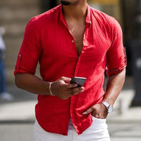 Felix Casual Linen Shirt with Stand Collar and Button Front in Pink