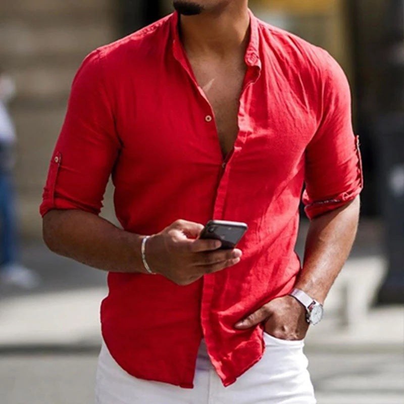 Felix Casual Linen Shirt with Stand Collar and Button Front in Pink