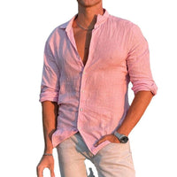 Felix Casual Linen Shirt with Stand Collar and Button Front in Pink