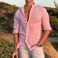 Felix Casual Linen Shirt with Stand Collar and Button Front in Pink
