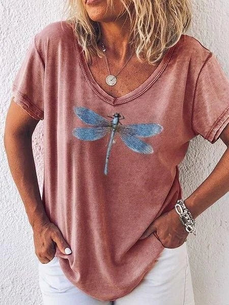 Fern Women's Graphic V-Neck T-Shirt Short Sleeve Relaxed Casual Tee in Red