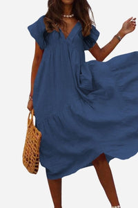 Fern Women's V-Neck Tiered Maxi Dress Short Sleeve Flowy in Dark Blue
