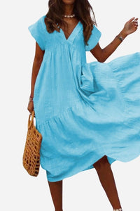 Fern Women's V-Neck Tiered Maxi Dress Short Sleeve Flowy in Light Blue