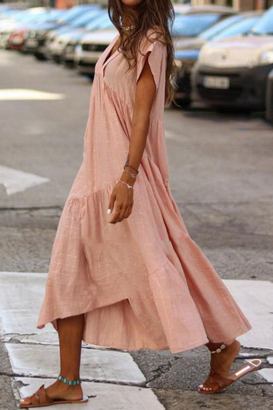 Fern Women's V-Neck Tiered Maxi Dress Short Sleeve Flowy in Peach