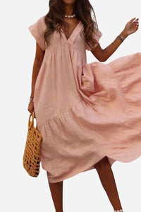 Fern Women's V-Neck Tiered Maxi Dress Short Sleeve Flowy in Peach