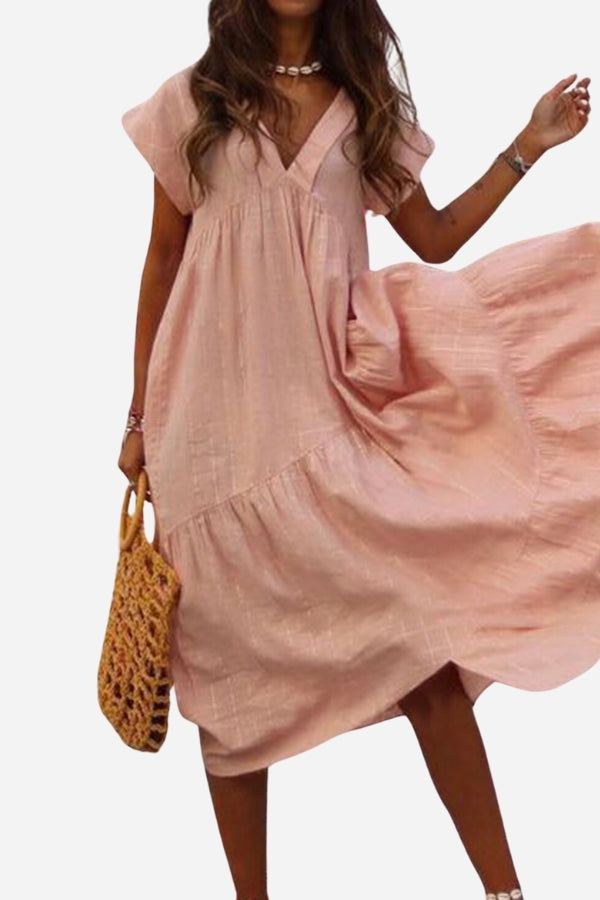 Fern Women's V-Neck Tiered Maxi Dress Short Sleeve Flowy in Peach
