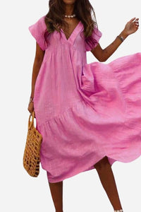 Fern Women's V-Neck Tiered Maxi Dress Short Sleeve Flowy in Pink
