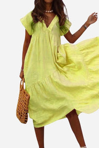 Fern Women's V-Neck Tiered Maxi Dress Short Sleeve Flowy in Yellow