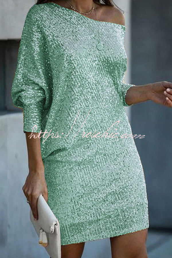 Solid Sequined Off Shoulder Loose Mini Dress