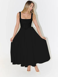 Ffion Women's Sleeveless Square Neck A-Line Midi Dress in Black