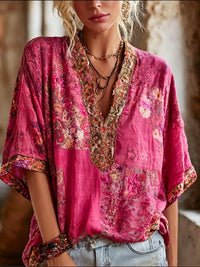 Women's Boho Floral Art Print Cotton V-Neck Blouse