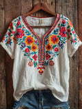 Women's Ethnic Floral Pattern Casual V Neck T-Shirt
