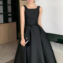 Square Neck Tea Length Black Prom Dresses