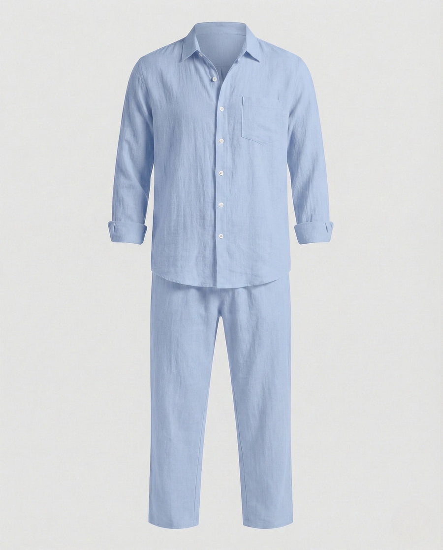 Finn Relaxed Linen Shirt with Long Sleeve in Blue