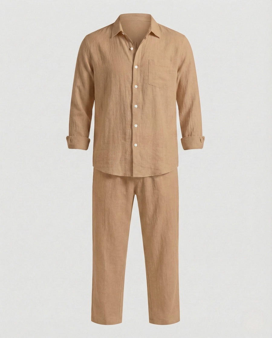 Finn Relaxed Linen Shirt with Long Sleeve in Erdbraun