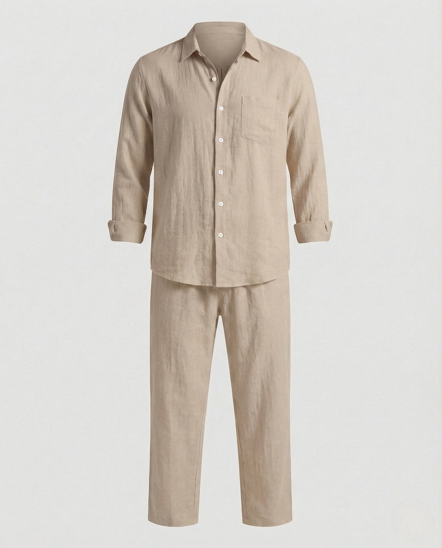 Finn Relaxed Linen Shirt with Long Sleeve in Light Khaki