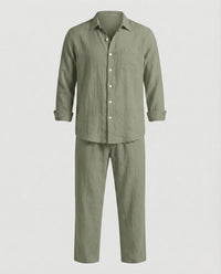 Finn Relaxed Linen Shirt with Long Sleeve in Olive Green