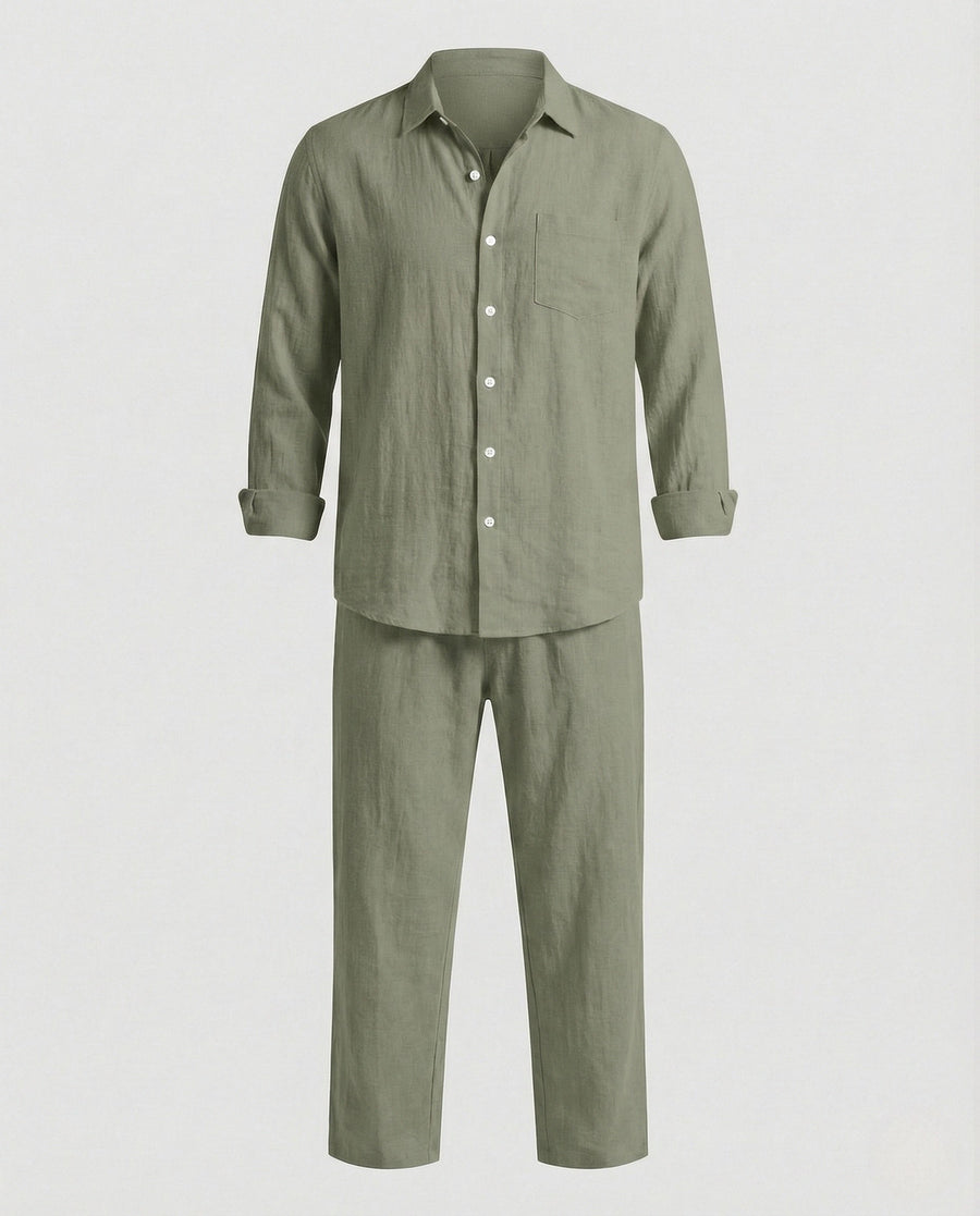 Finn Relaxed Linen Shirt with Long Sleeve in Olive Green