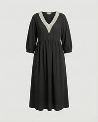 Fiona Boho Linen Midi Dress in Black