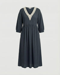 Fiona Boho Linen Midi Dress in Navy