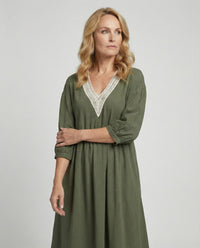Fiona Boho Linen Midi Dress in Olive Green