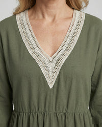 Fiona Boho Linen Midi Dress in Olive Green