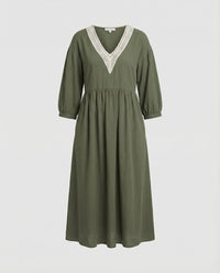 Fiona Boho Linen Midi Dress in Olive Green