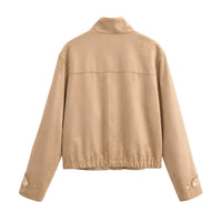 Fiona Leather Jacket with Stand Collar and Side Pockets in Khaki