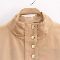 Fiona Leather Jacket with Stand Collar and Side Pockets in Khaki