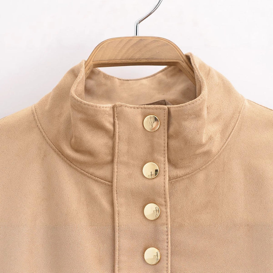 Fiona Leather Jacket with Stand Collar and Side Pockets in Khaki