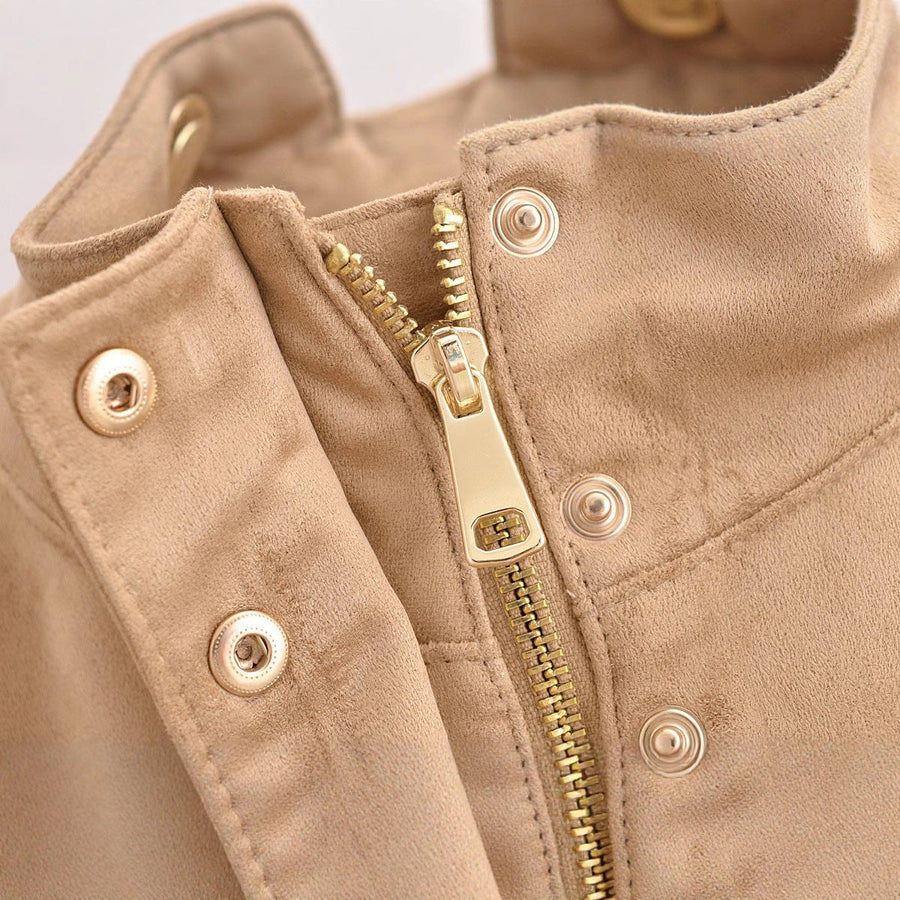 Fiona Leather Jacket with Stand Collar and Side Pockets in Khaki