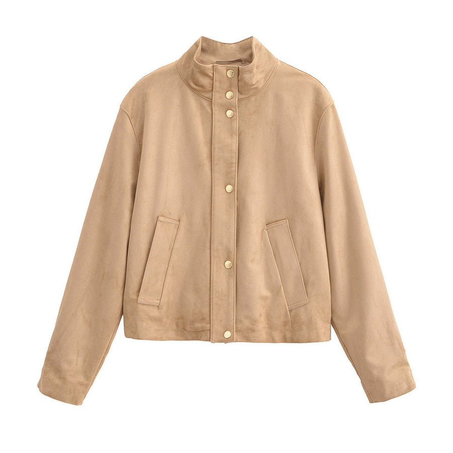 Fiona Leather Jacket with Stand Collar and Side Pockets in Khaki