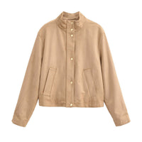 Fiona Leather Jacket with Stand Collar and Side Pockets in Khaki
