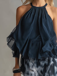 Fleur Women's Halter Neck Wide Leg Two Piece Set in Navy Blue