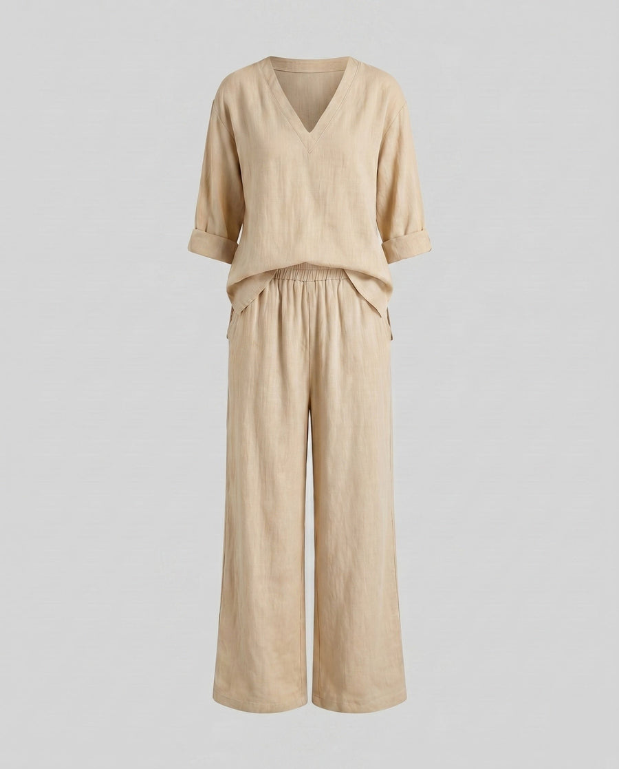 Flora Casual Linen Trousers with V-Neck in Beige