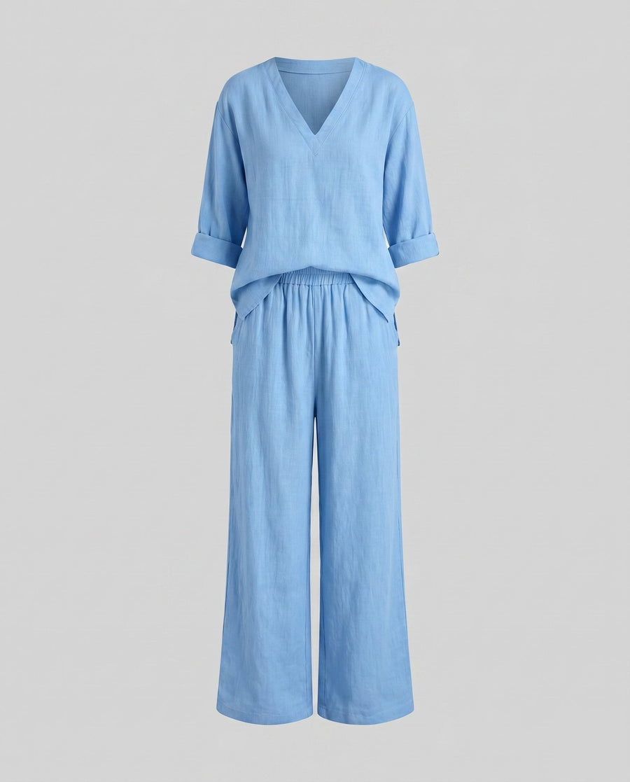 Flora Casual Linen Trousers with V-Neck in Blue