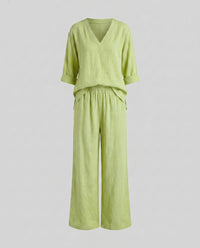 Flora Casual Linen Trousers with V-Neck in Green