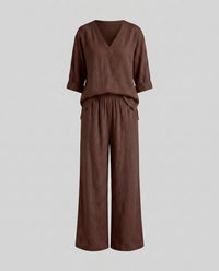 Flora Casual Linen Trousers with V-Neck in Kastanienbraun