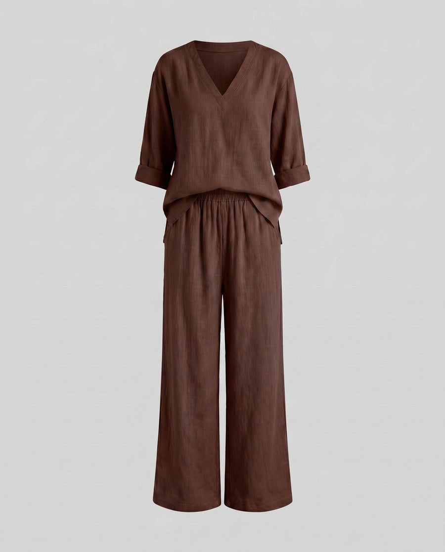 Flora Casual Linen Trousers with V-Neck in Kastanienbraun