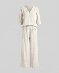Flora Casual Linen Trousers with V-Neck in White