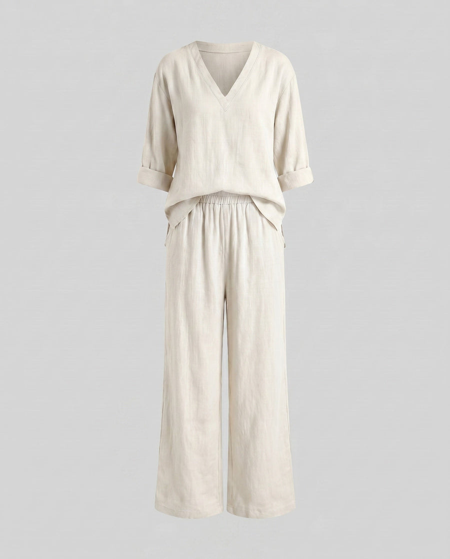 Flora Casual Linen Trousers with V-Neck in White