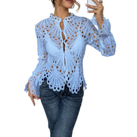 Flora Women's Crochet Hollow Lace Long Sleeve Blouse Scallop Hem in Blue
